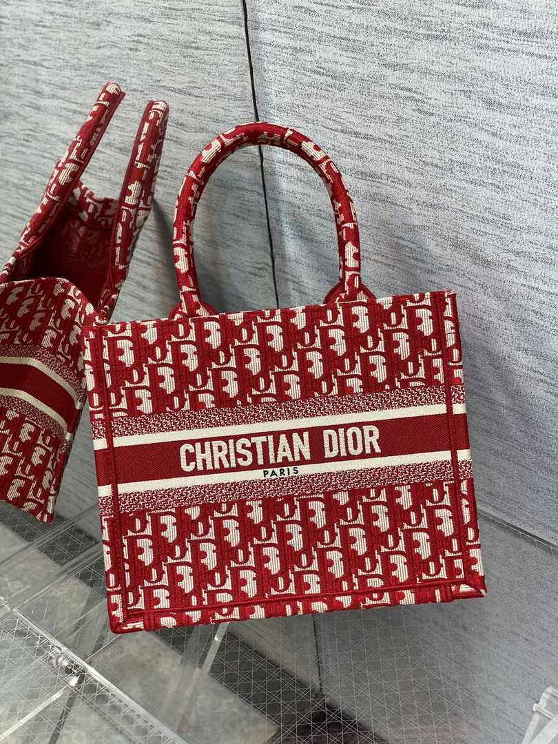 Dior Small Book Tote M1265 Ecru and Red Dior Oblique Embroidery