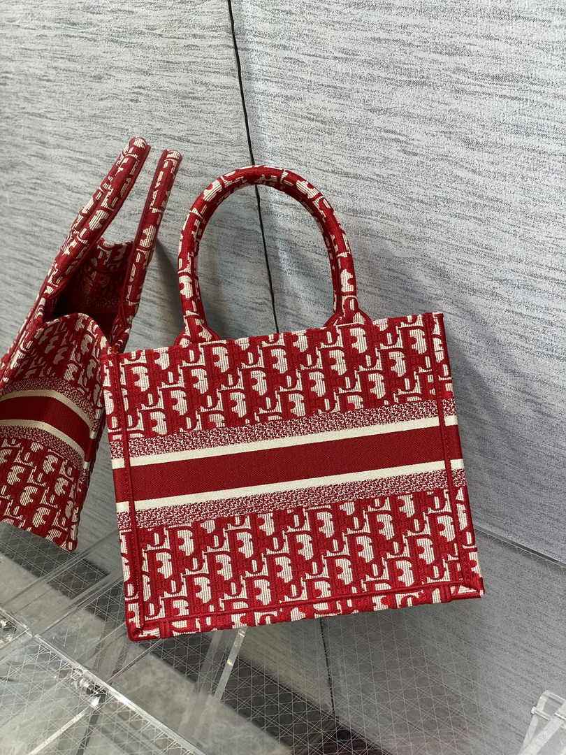 Dior Small Book Tote M1265 Ecru and Red Dior Oblique Embroidery
