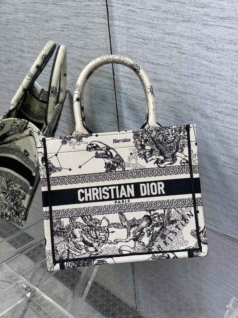 Dior Small Book Tote M1265 Latte and Black Toile de Jouy Zodiac Embroidery