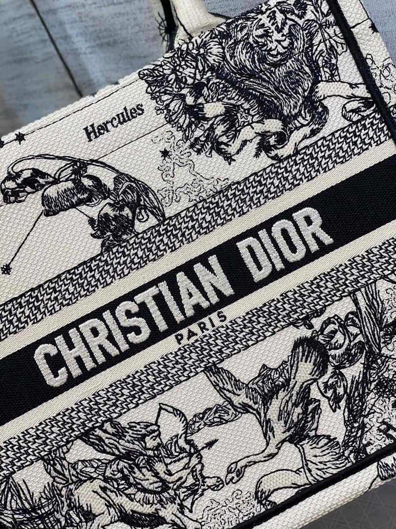 Dior Small Book Tote M1265 Latte and Black Toile de Jouy Zodiac Embroidery