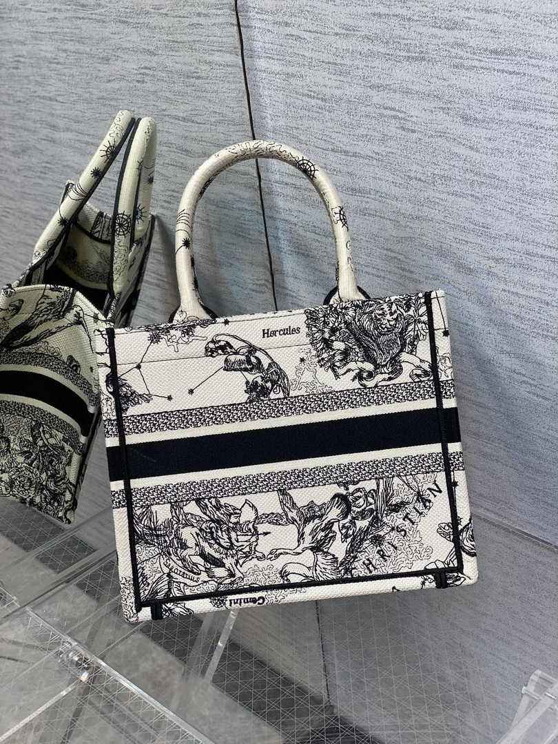 Dior Small Book Tote M1265 Latte and Black Toile de Jouy Zodiac Embroidery