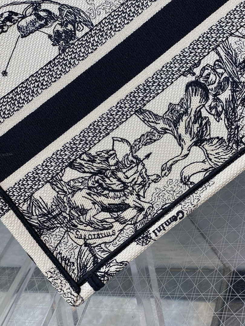 Dior Small Book Tote M1265 Latte and Black Toile de Jouy Zodiac Embroidery