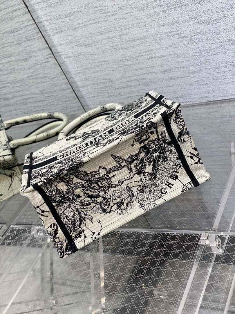 Dior Small Book Tote M1265 Latte and Black Toile de Jouy Zodiac Embroidery