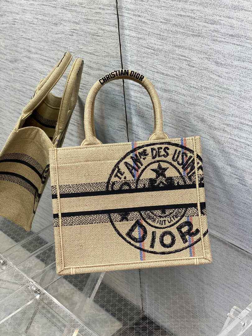 Dior M1265 Small Book Tote Beige jute fabric with Union motif