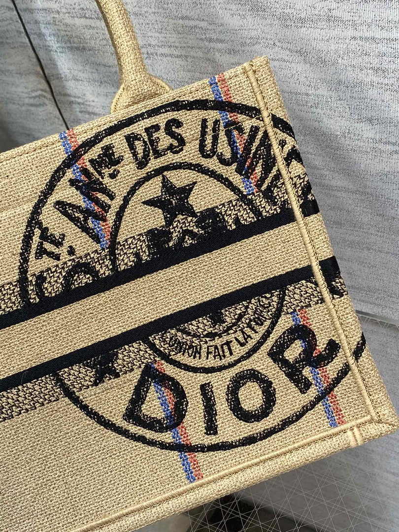 Dior M1265 Small Book Tote Beige jute fabric with Union motif