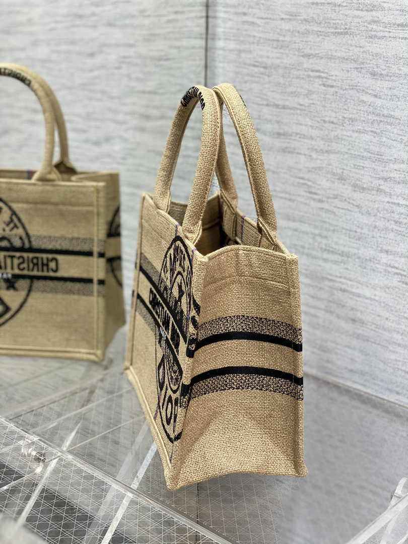 Dior M1265 Small Book Tote Beige jute fabric with Union motif