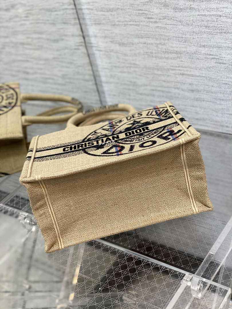 Dior M1265 Small Book Tote Beige jute fabric with Union motif
