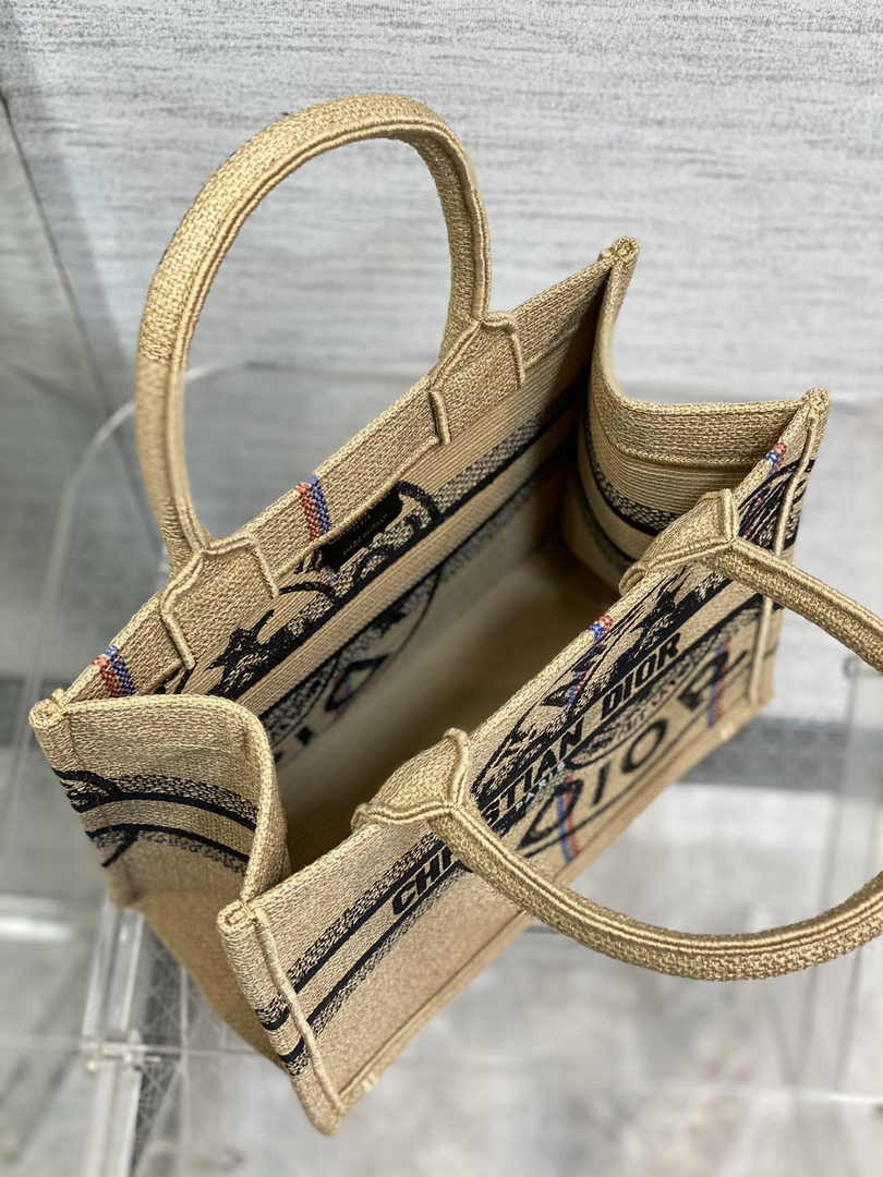 Dior M1265 Small Book Tote Beige jute fabric with Union motif