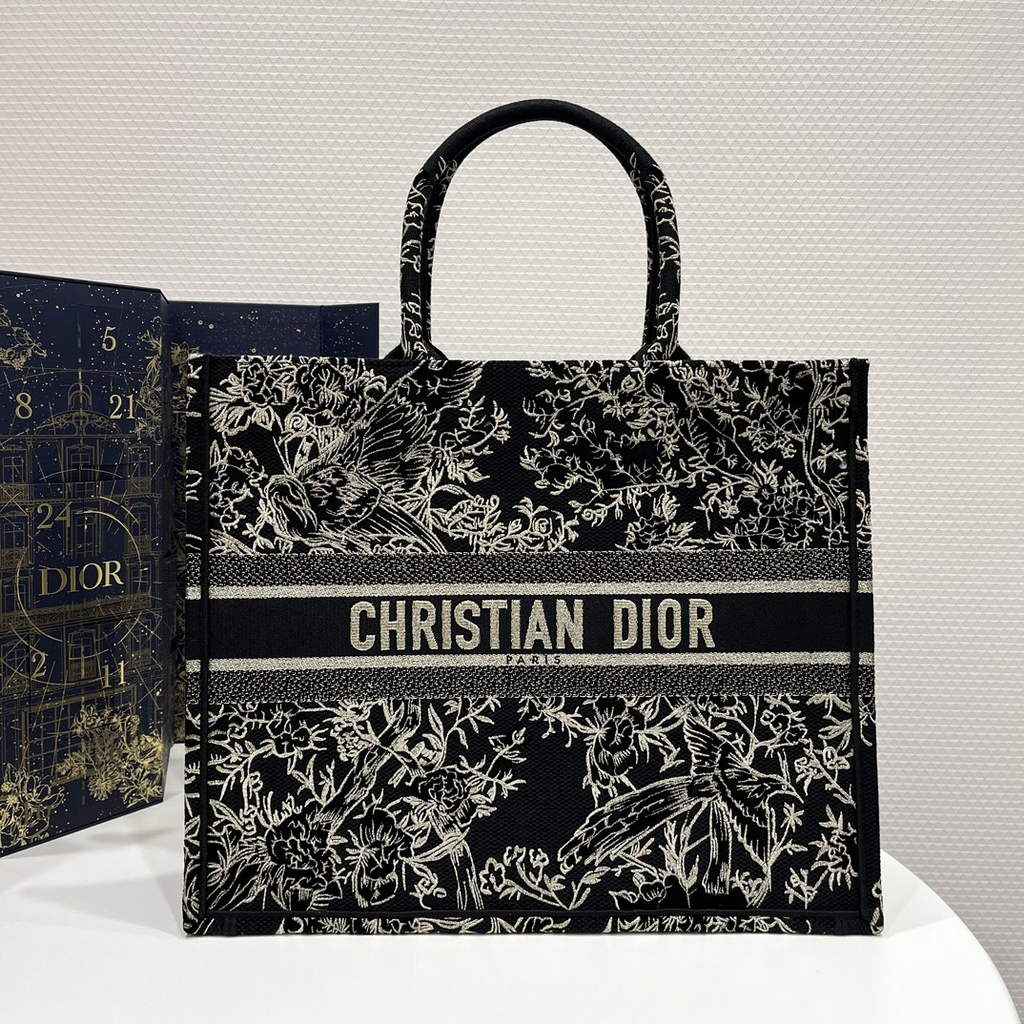 Dior M1286 Large Book Tote Bag Black Multicolor Jardin d'Hiver Embroidery