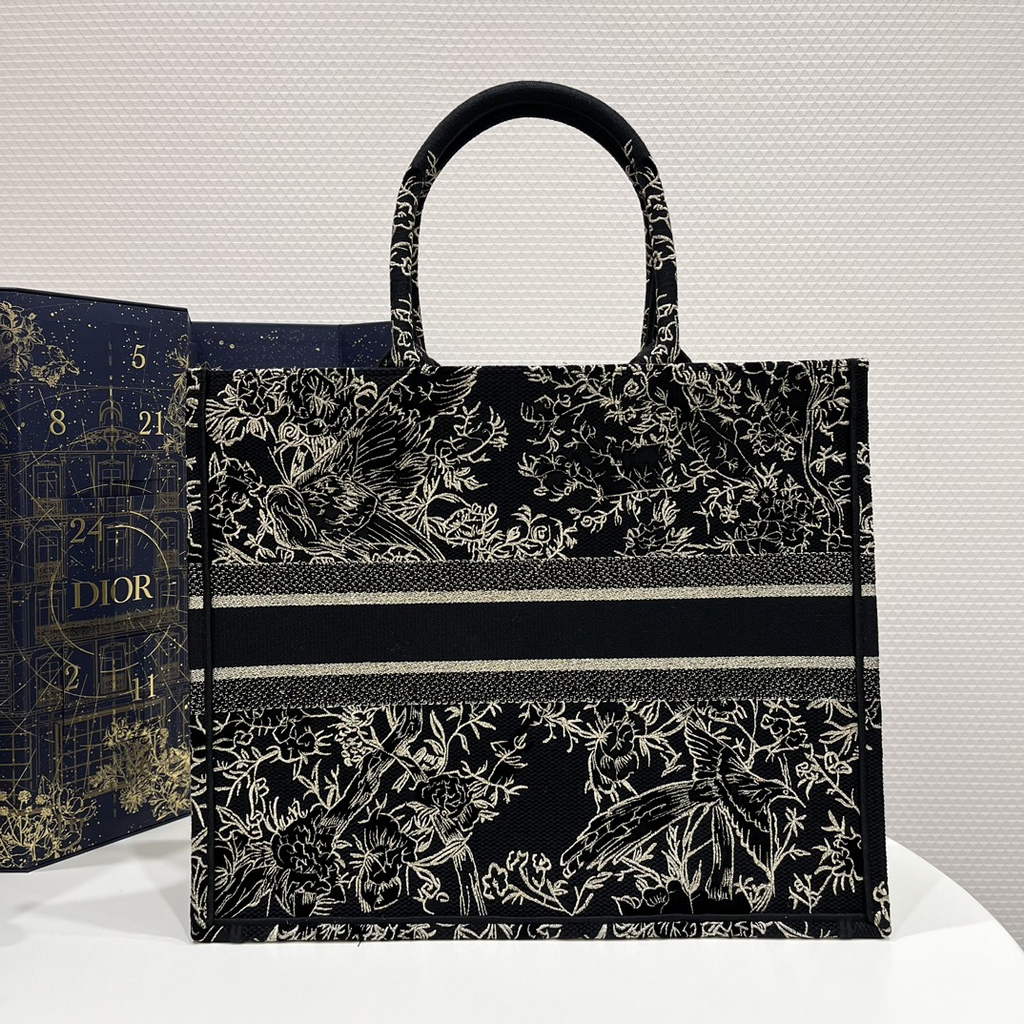 Dior M1286 Large Book Tote Bag Black Multicolor Jardin d'Hiver Embroidery
