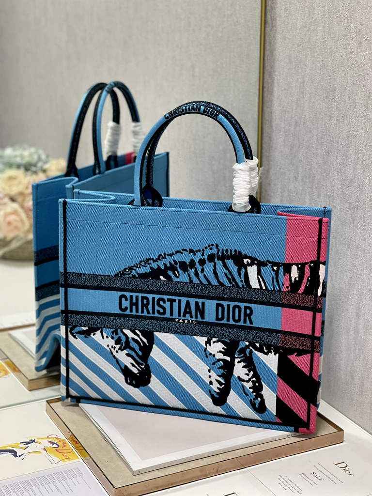 Dior M1286 Large Book Tote Bag Blue D-Jungle Pop Embroidery