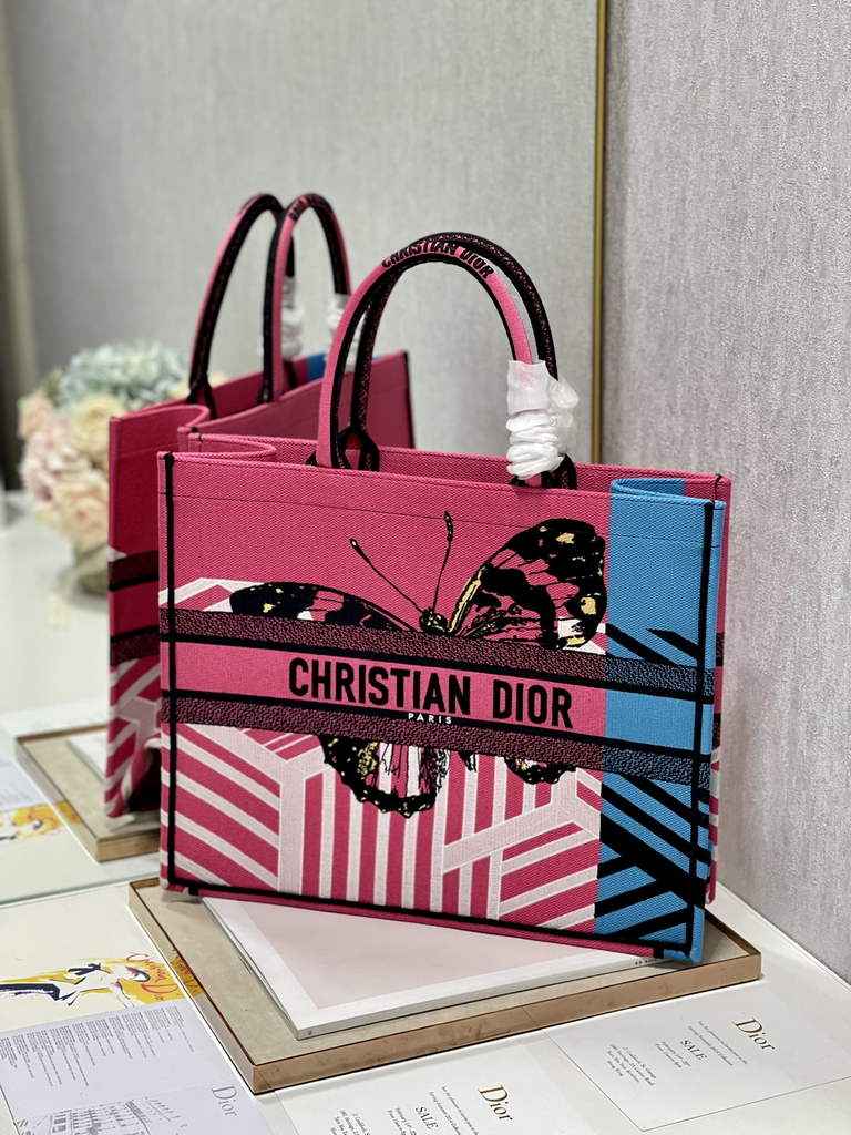 Dior M1286 Large Book Tote Bag Plum Butterfly D-Jungle Pop Embroidery