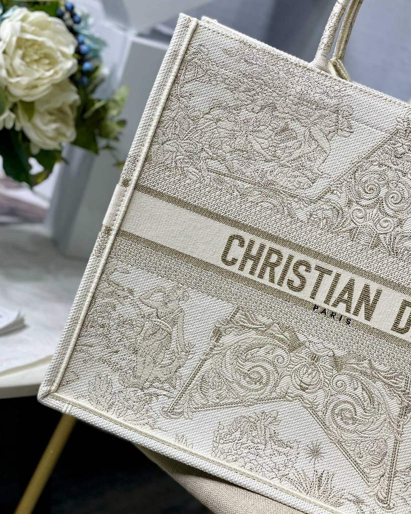 Dior M1286 Large Book Tote Bag Gold Around the World Embroidery