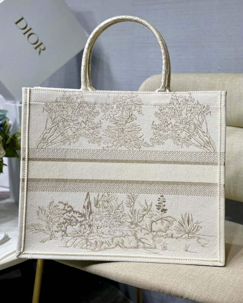 Dior M1286 Large Book Tote Bag Gold Around the World Embroidery