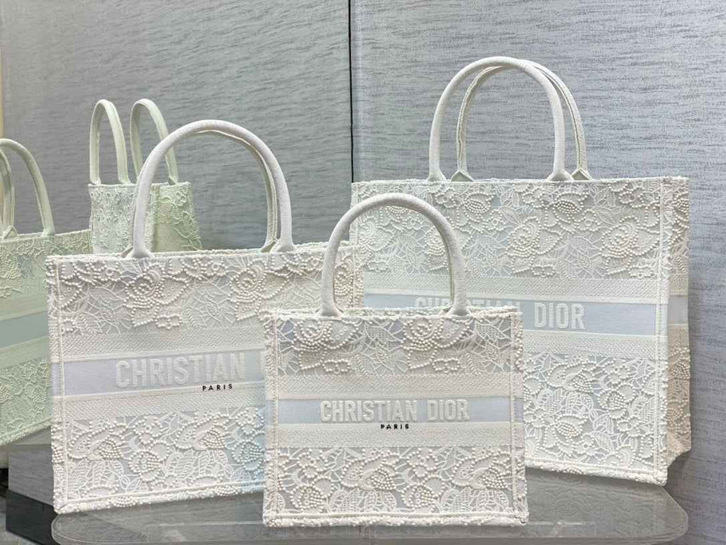 Dior M1286 Large Book Tote Bag White Lace Embroidery