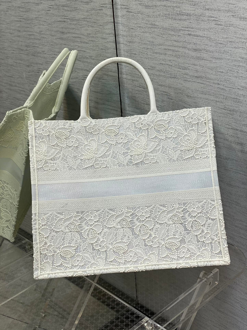 Dior M1286 Large Book Tote Bag White Lace Embroidery