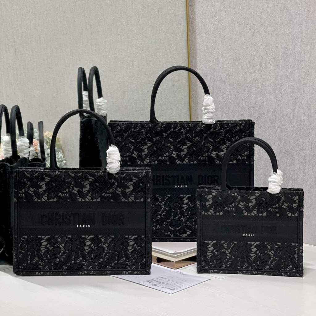 Dior M1286 Large Book Tote Bag Black Lace Embroidery