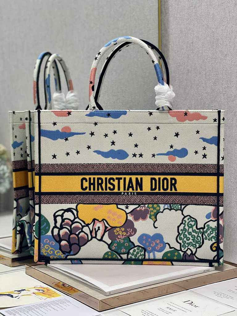 Dior Large Book Tote Bag M1286 Beige Multicolor Embroidery