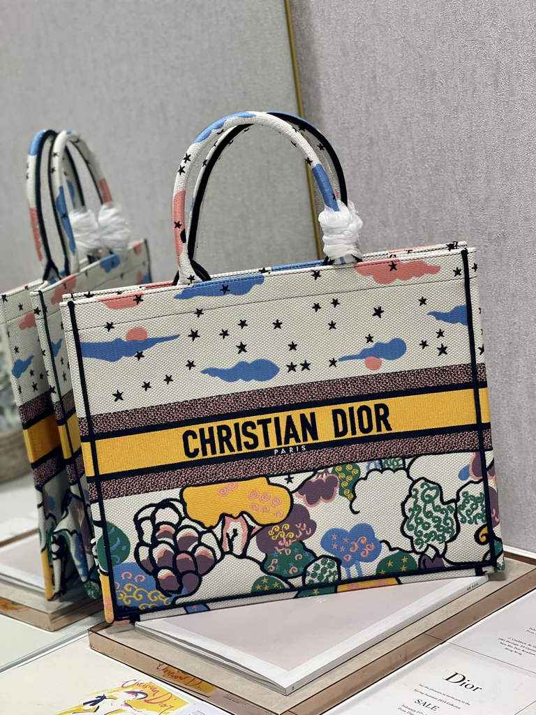 Dior Large Book Tote Bag M1286 Beige Multicolor Embroidery