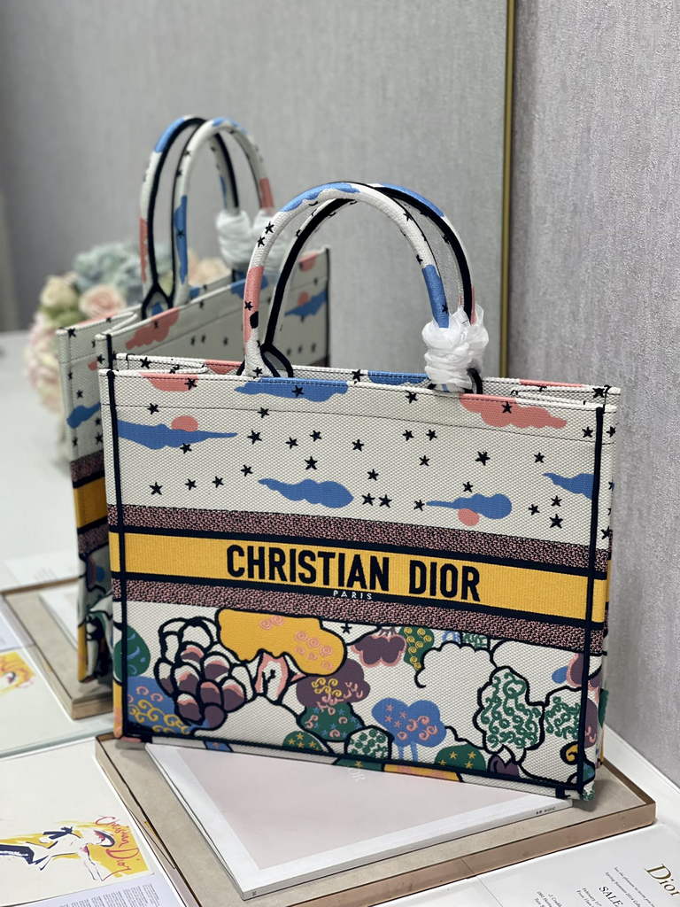 Dior Large Book Tote Bag M1286 Beige Multicolor Embroidery