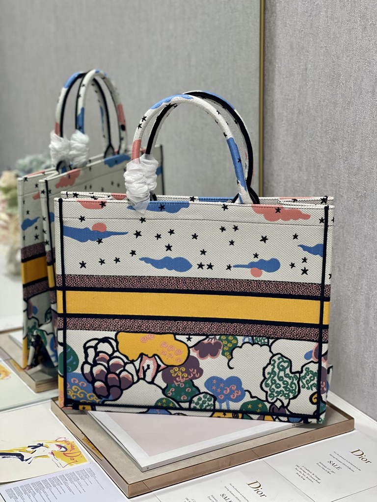 Dior Large Book Tote Bag M1286 Beige Multicolor Embroidery