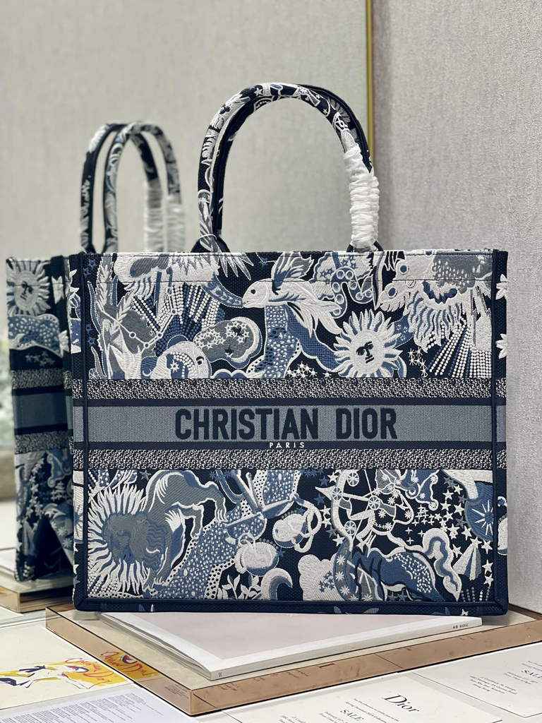 Dior Large Book Tote Bag M1286 Blue Multicolor Embroidery