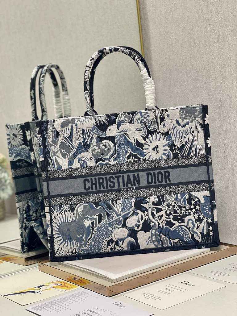 Dior Large Book Tote Bag M1286 Blue Multicolor Embroidery