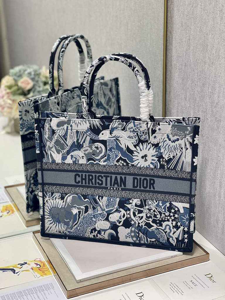 Dior Large Book Tote Bag M1286 Blue Multicolor Embroidery