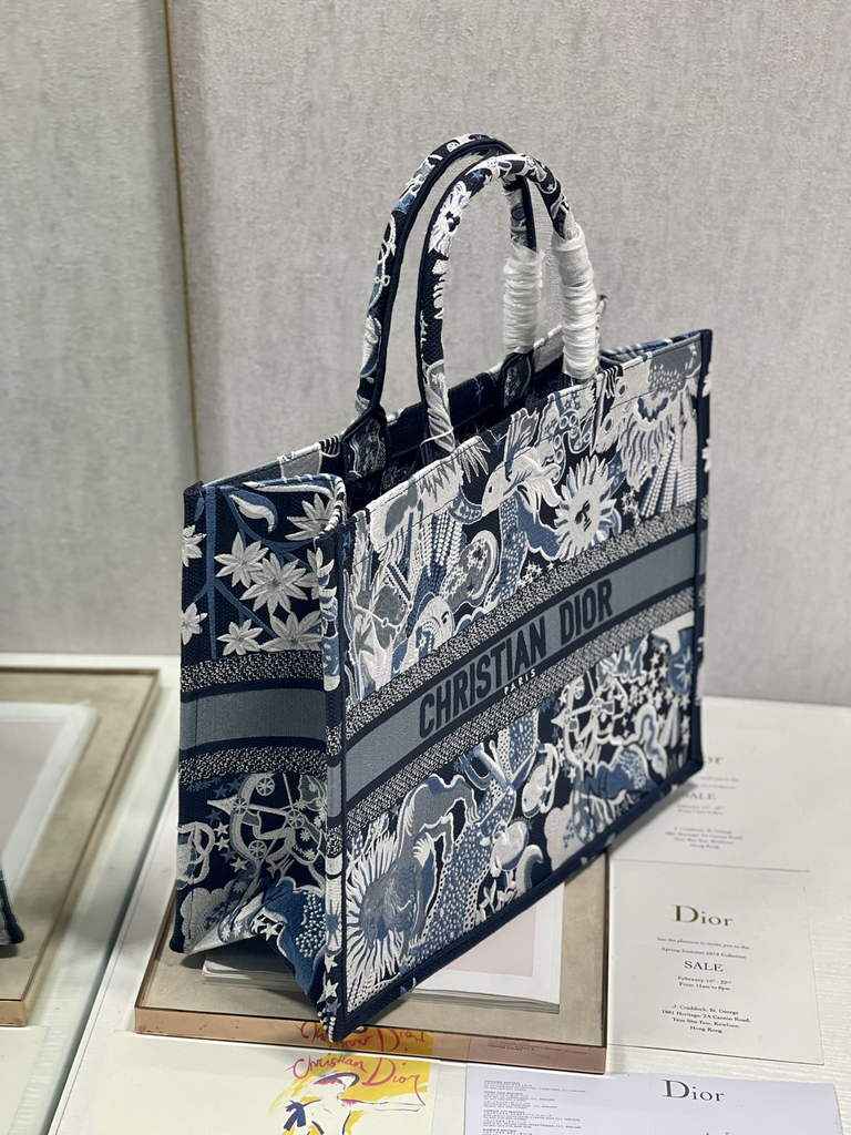Dior Large Book Tote Bag M1286 Blue Multicolor Embroidery