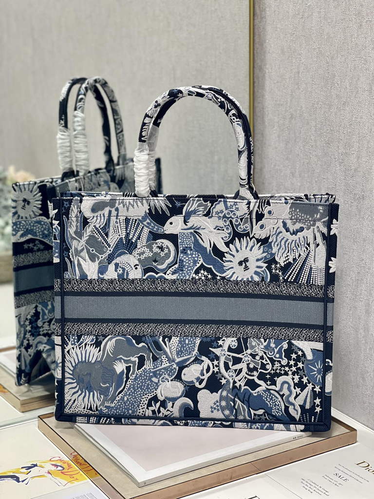 Dior Large Book Tote Bag M1286 Blue Multicolor Embroidery