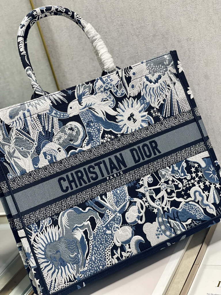 Dior Large Book Tote Bag M1286 Blue Multicolor Embroidery