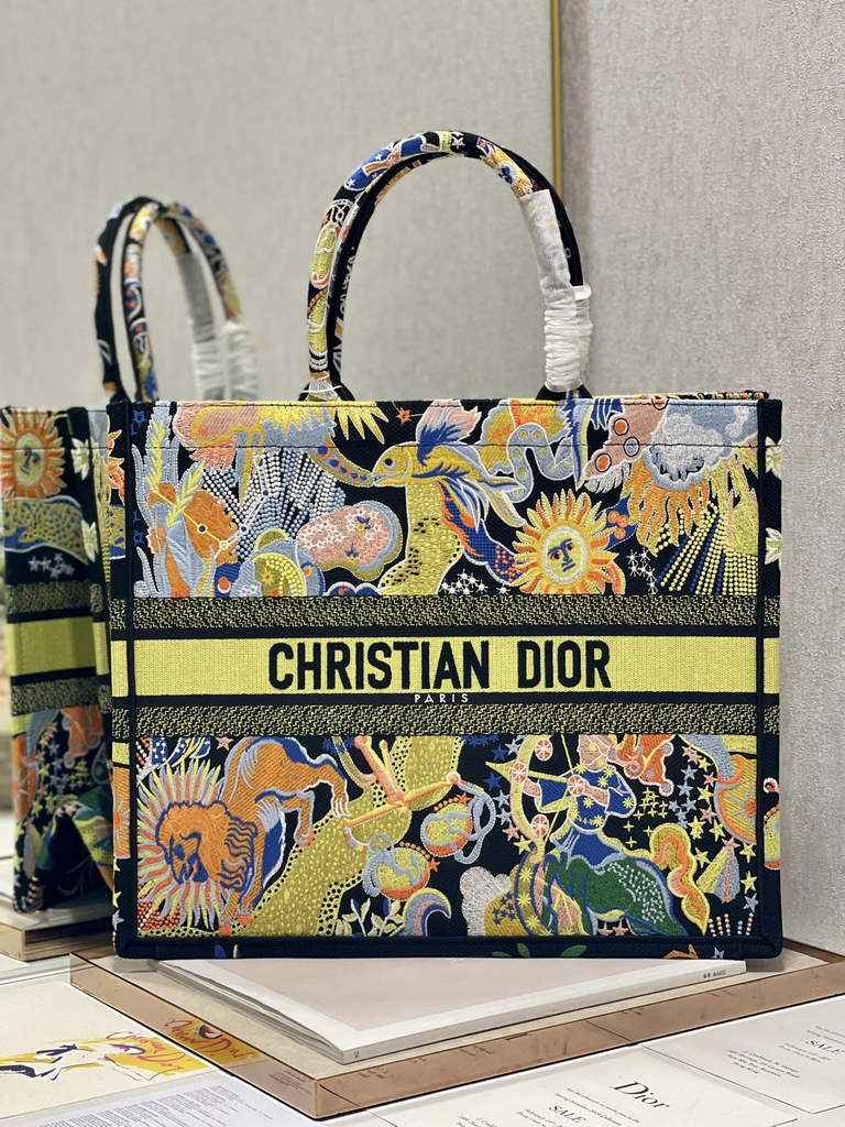 Dior Large Book Tote Bag M1286 Yellow Multicolor Embroidery