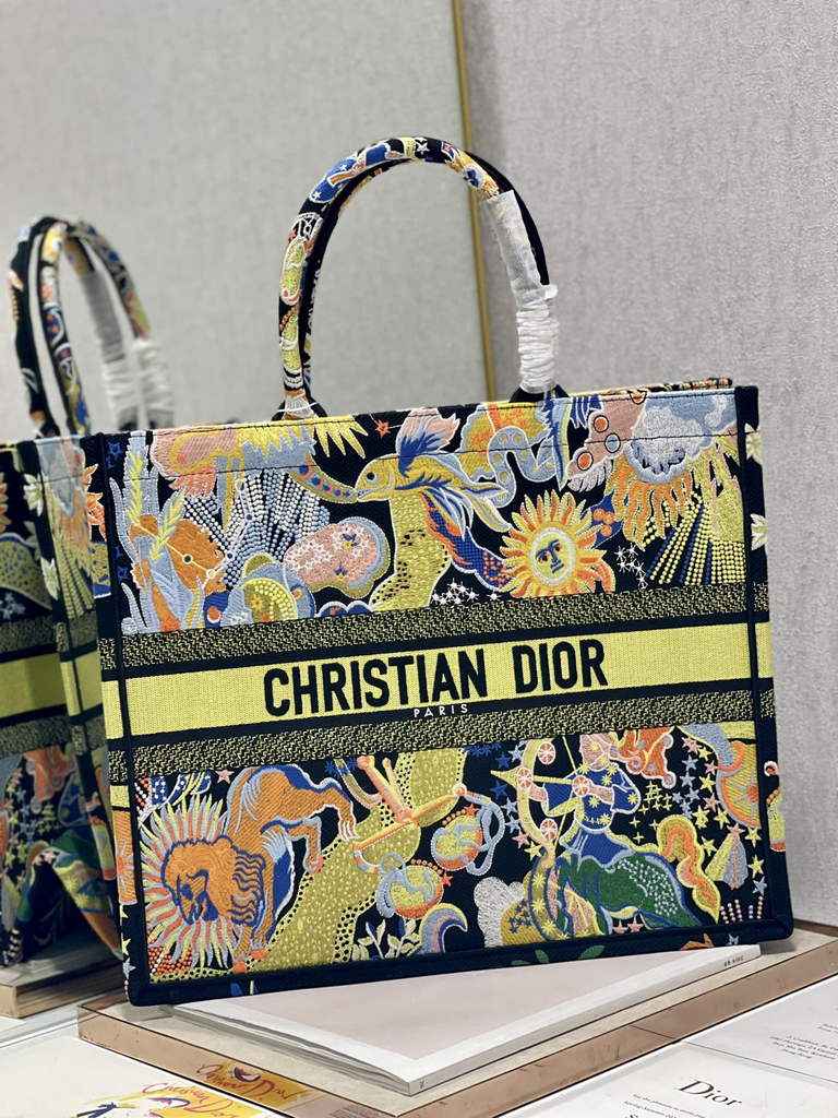 Dior Large Book Tote Bag M1286 Yellow Multicolor Embroidery