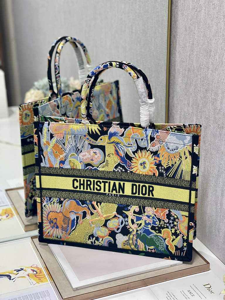 Dior Large Book Tote Bag M1286 Yellow Multicolor Embroidery