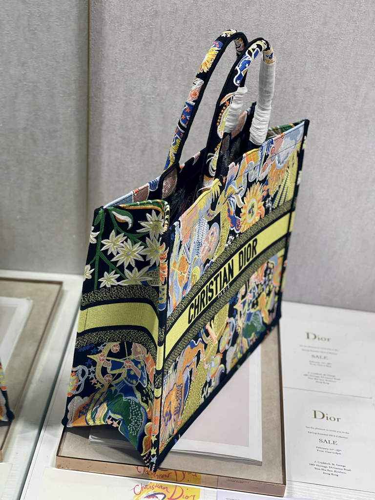 Dior Large Book Tote Bag M1286 Yellow Multicolor Embroidery