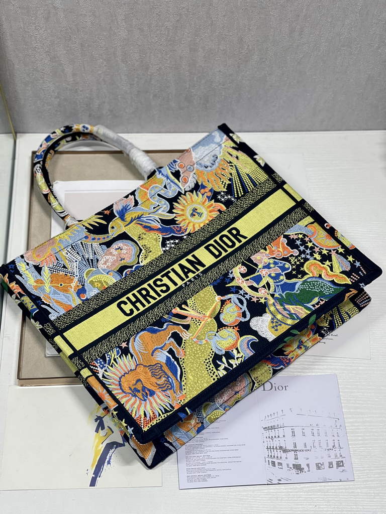 Dior Large Book Tote Bag M1286 Yellow Multicolor Embroidery