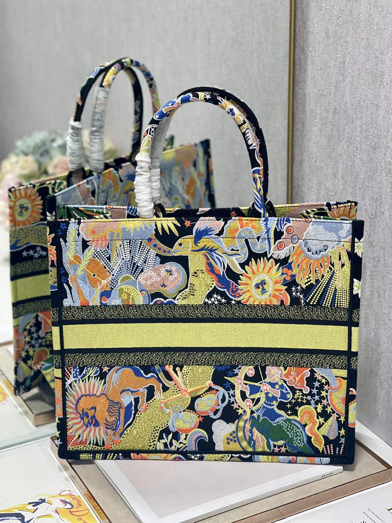 Dior Large Book Tote Bag M1286 Yellow Multicolor Embroidery