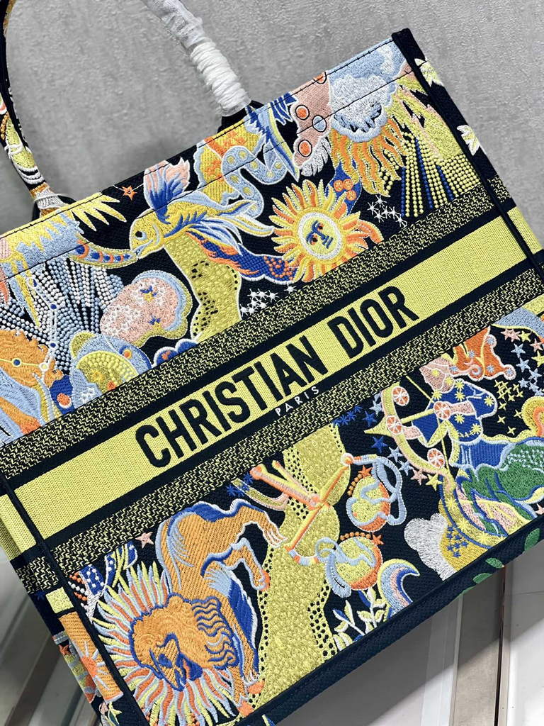 Dior Large Book Tote Bag M1286 Yellow Multicolor Embroidery