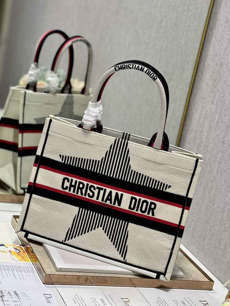 Dior M1286 Large Book Tote Bag Beige Pentagram Multicolor Embroidery