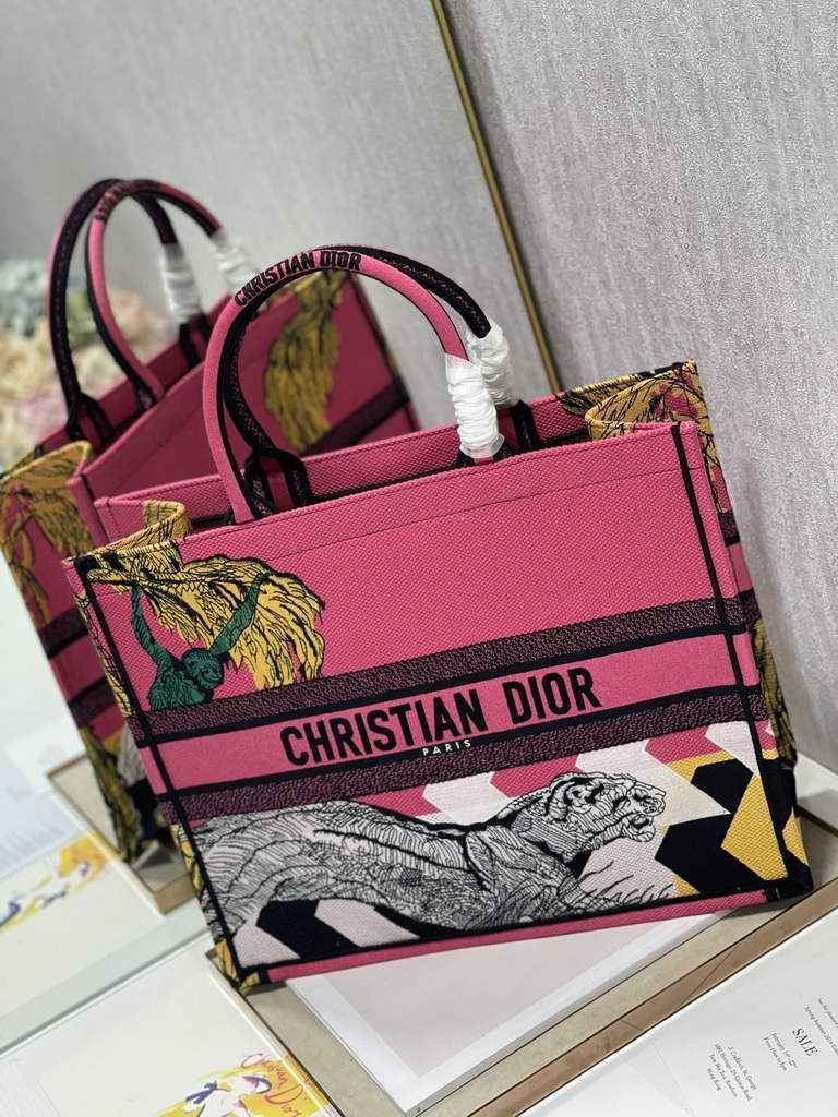 Dior M1286 Large Book Tote Bag Pink D-Jungle Pop Embroidery