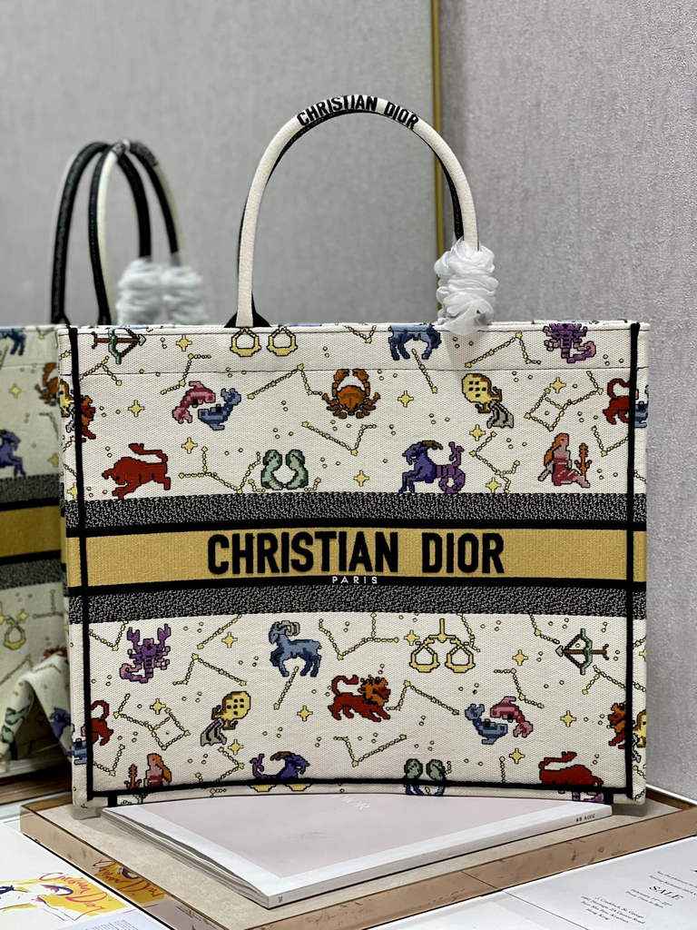 Dior M1286 Large Book Tote Bag White Pixel Zodiac Embroidery