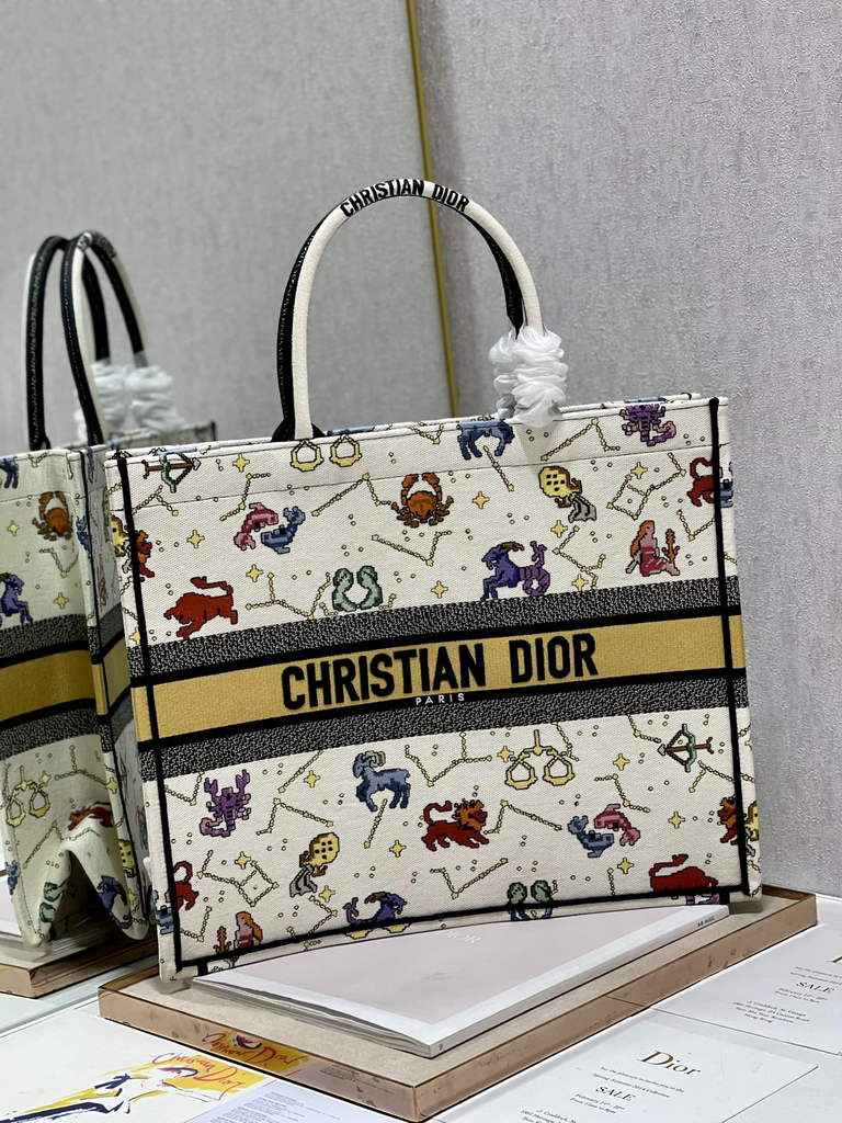 Dior M1286 Large Book Tote Bag White Pixel Zodiac Embroidery