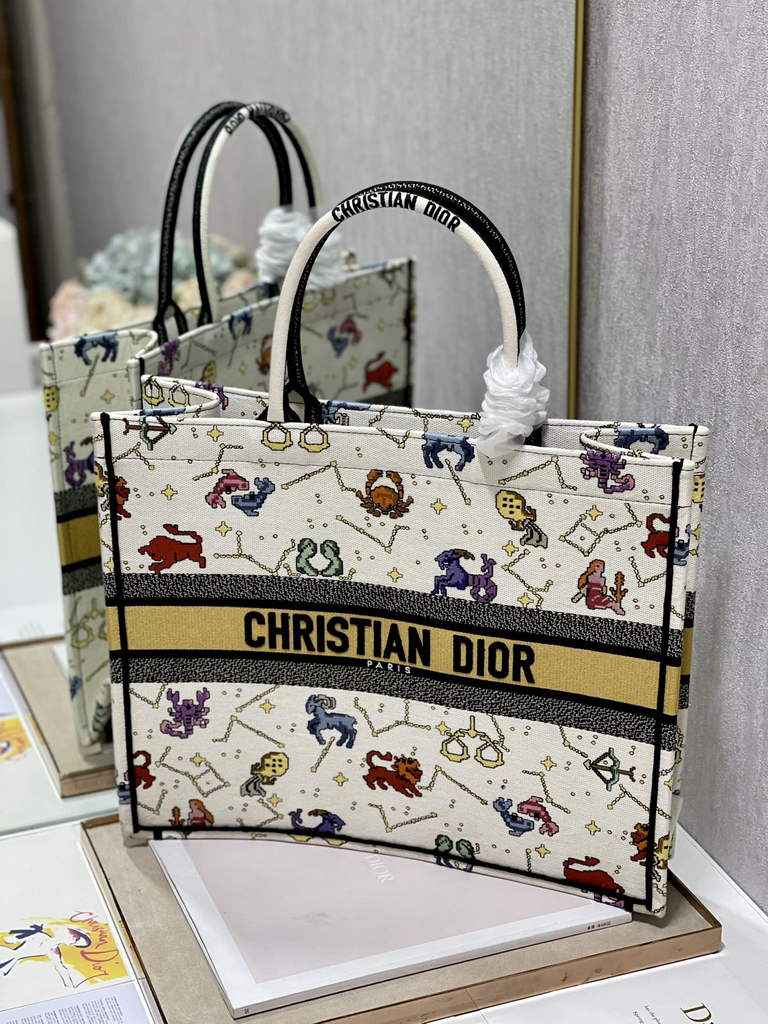 Dior M1286 Large Book Tote Bag White Pixel Zodiac Embroidery
