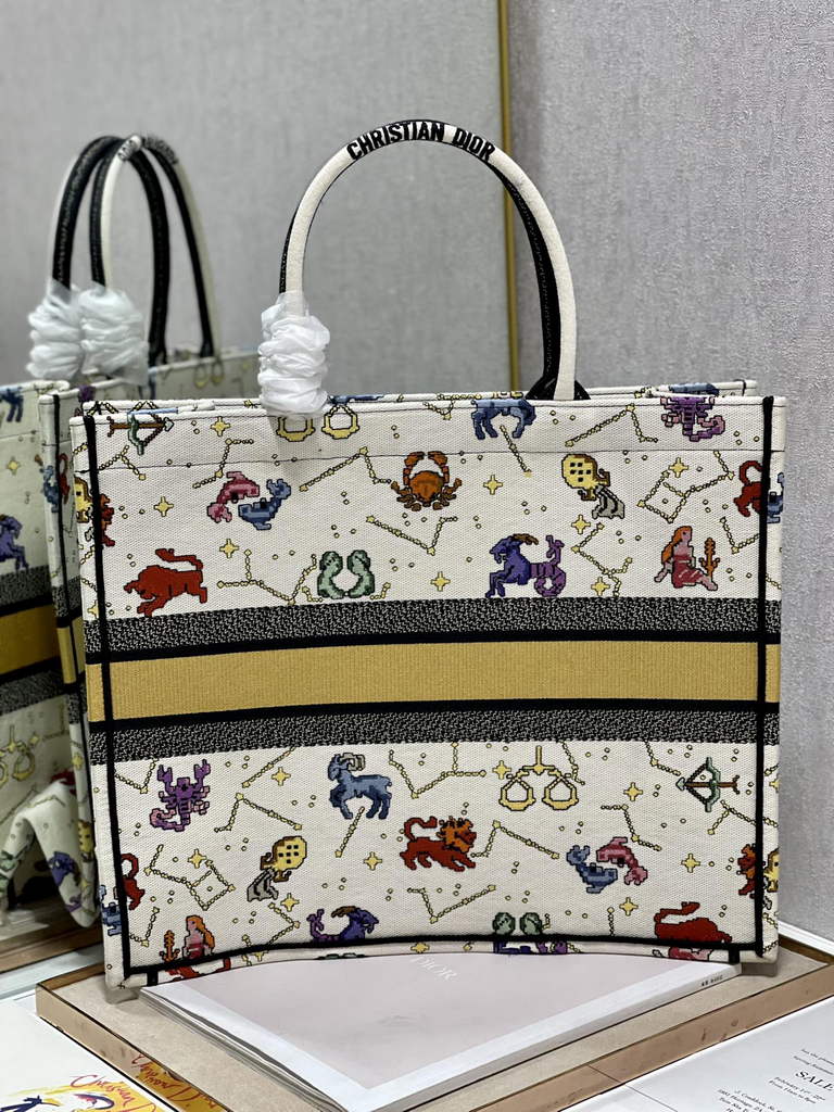 Dior M1286 Large Book Tote Bag White Pixel Zodiac Embroidery