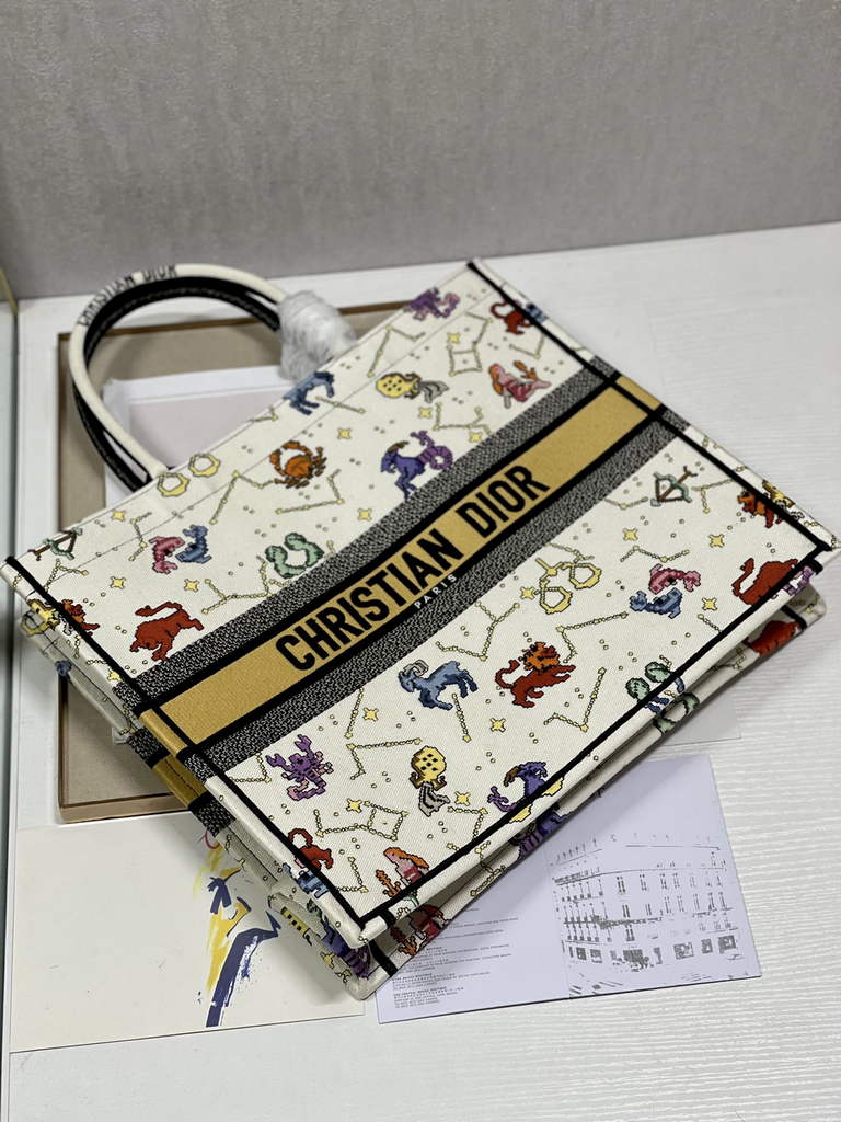 Dior M1286 Large Book Tote Bag White Pixel Zodiac Embroidery