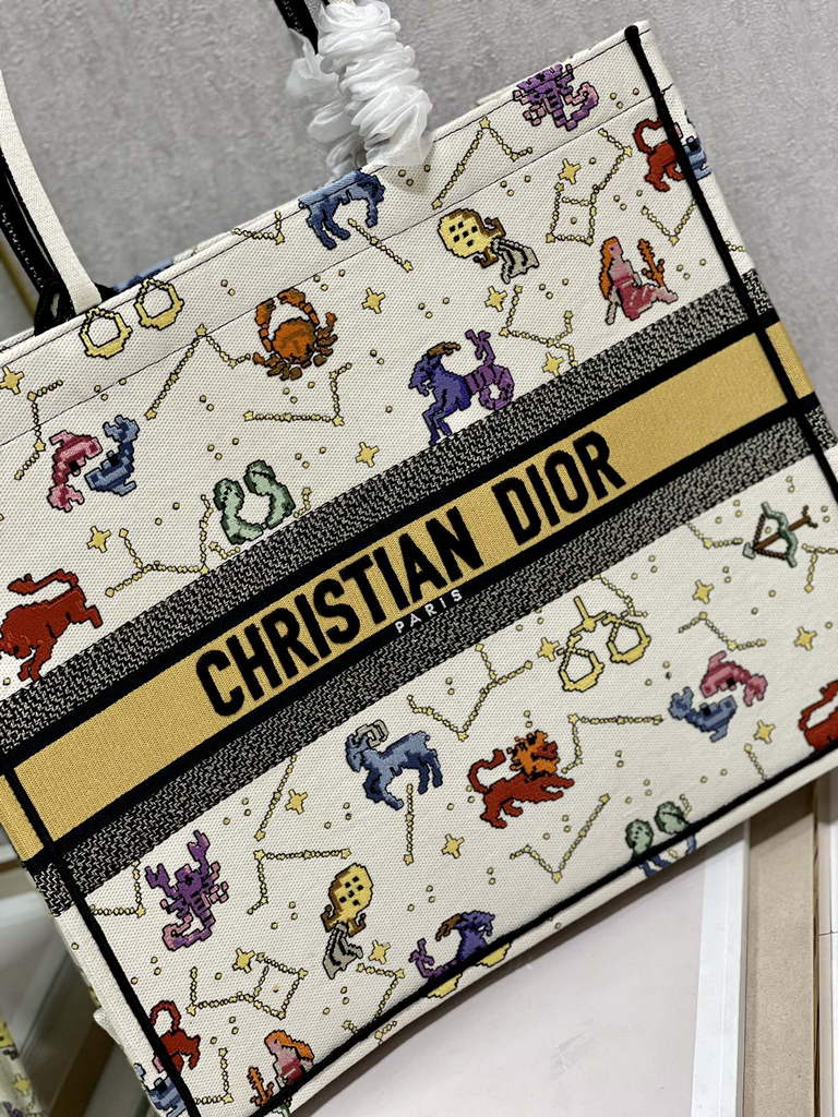 Dior M1286 Large Book Tote Bag White Pixel Zodiac Embroidery
