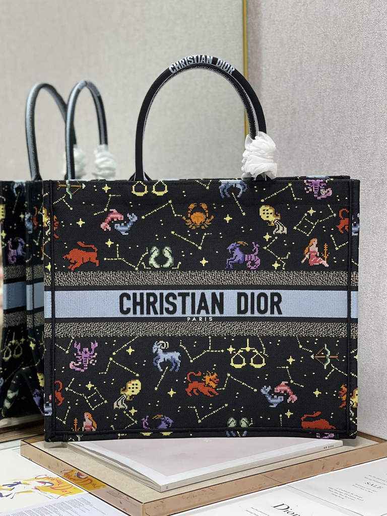 Dior M1286 Large Book Tote Bag Black Pixel Zodiac Embroidery