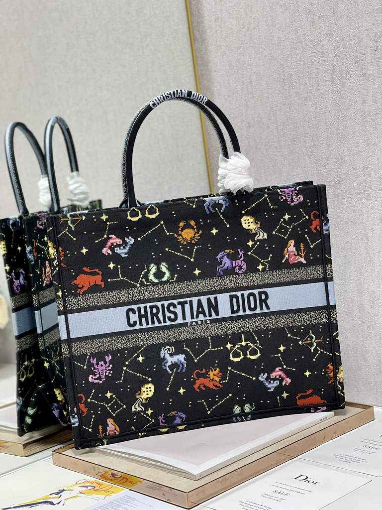 Dior M1286 Large Book Tote Bag Black Pixel Zodiac Embroidery