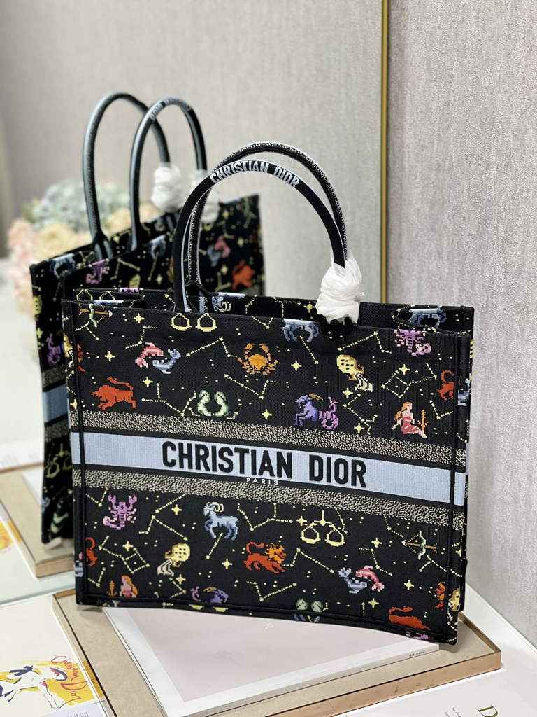 Dior M1286 Large Book Tote Bag Black Pixel Zodiac Embroidery