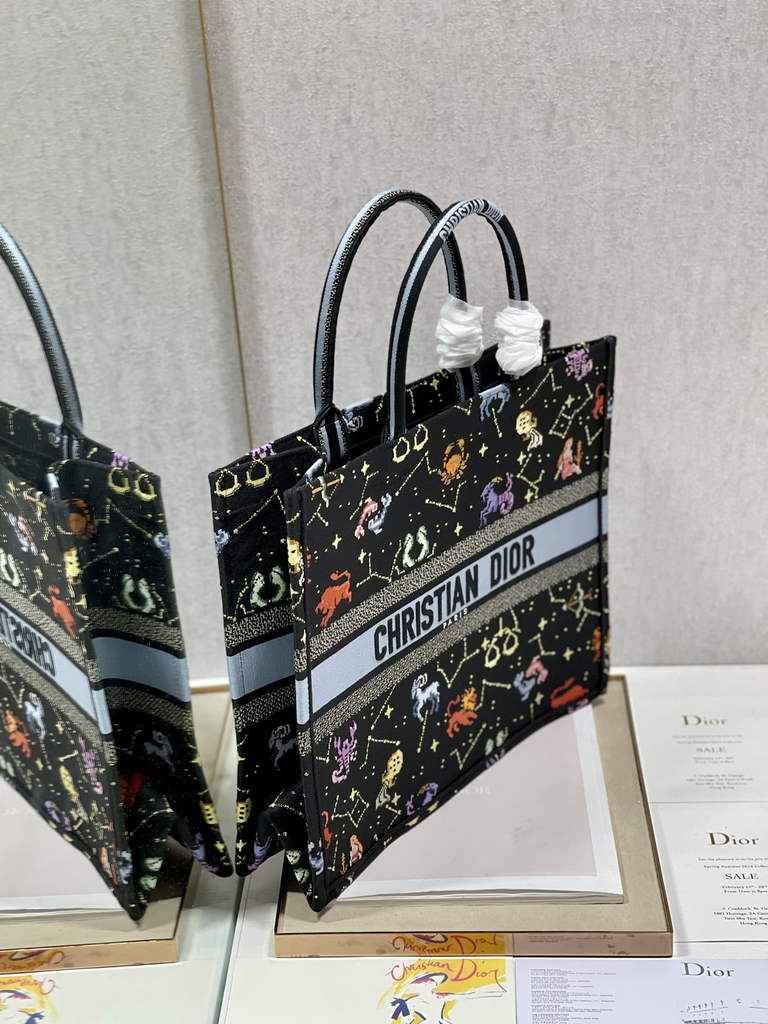 Dior M1286 Large Book Tote Bag Black Pixel Zodiac Embroidery